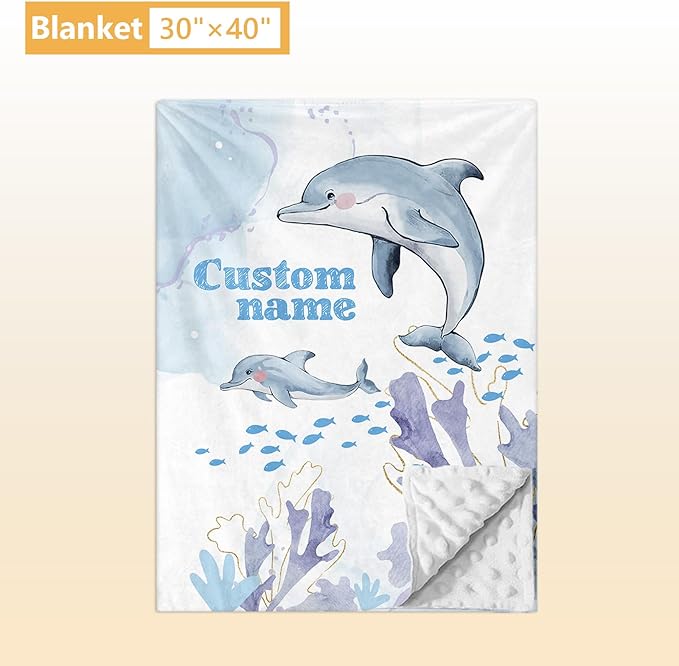 Personalized Baby Crib Bedding Set, 5 Pcs Custom Name Nursery Bedding Set, Blue Dolphin Baby Bedding Set for Girls Boys, Double Layer Baby Crib Sets, Customized Gifts for Toddlers Kids Infants