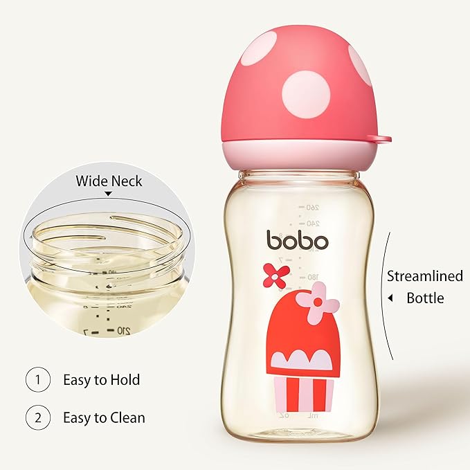YOHKOH PPSU Baby Bottle Wide Neck, Newborn Anti-Colic Baby Bottle with Natural Response Nipple, Streamlined Body, Easy to Clean (8.8oz (Pack of 2), Red)