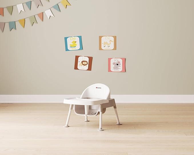 Foundations Secure Sitter 5" Feeding Chair, Stable “No Tip” Feet, 3-Point Adjustable Harness, Removable Tray, Easy to Clean, Smooth Plastic (White/Tan)