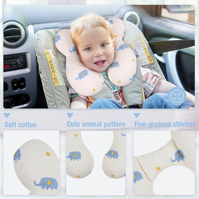 vocheer Baby Neck Pillow(Upgraded),Cotton, Baby Support Pillow, Car Seat Pillows for Newborn, Carseat Head and Body Support, Infant Travel Pillows for Prams, Pushchair, Stroller, Bouncer, Elephant
