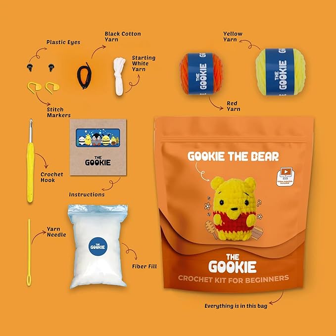 THE GOOKIE Amigurumi Crochet Kit for Beginners – DIY Crochet Kit with Yarn, Hook, Eyes & Stuffing – Easy Starter Set with Video Tutorials – Cute Plush Toy Craft Gift for Kids, Teens & Adults (Bear)