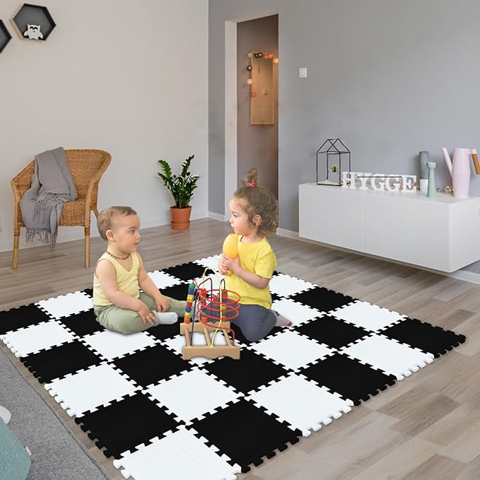 qqpp EVA Rubber 18 Tiles Interlocking Puzzle Foam Floor Mats - Baby Play Mat for Playing | Exercise Mat for Home Workout. White, Black. QC-ADb18N