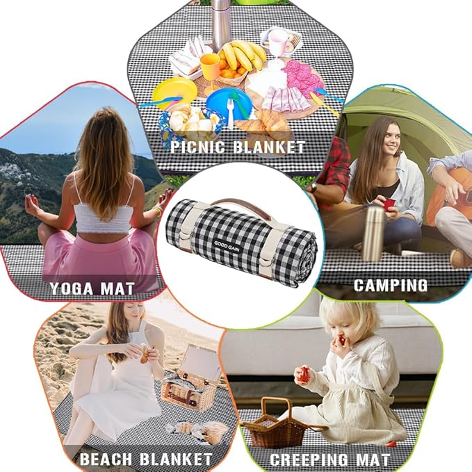 Picnic Outdoor Blankets Waterproof Extra Large - Beach Mat Sand Free Foldable with Carry Strap | Portable Camping Blanket | Park Blanket for Grass Park, Hiking, Travel, Concerts, Indoor (Black)