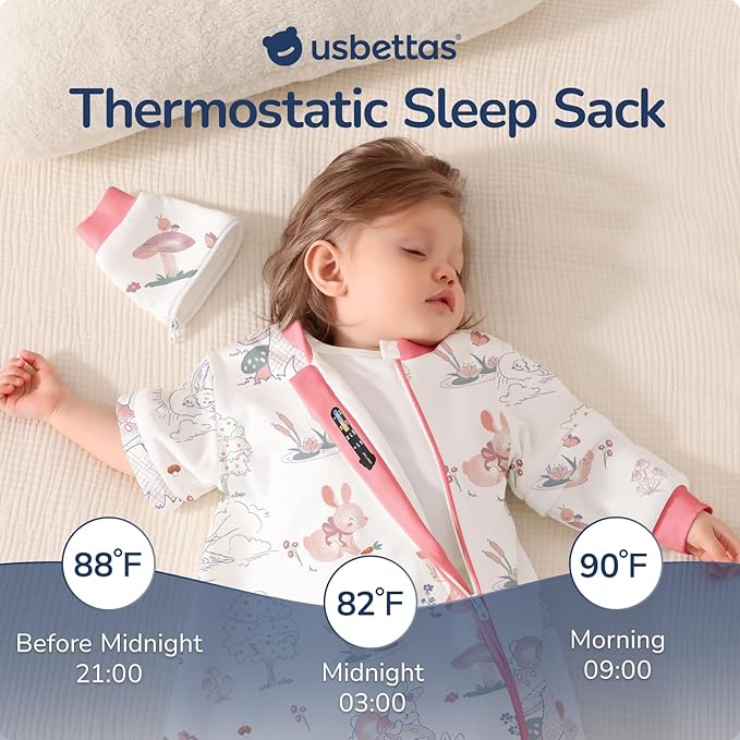 Baby Sleep Sack 3-6 Months, Cotton Detachable Long Sleeve Sleep Sack, 1.0 Tog Toddler Sleeping Sack with Temperature Strips, 2-Way Zipper Wearable Blankets for Newborns, Bunny