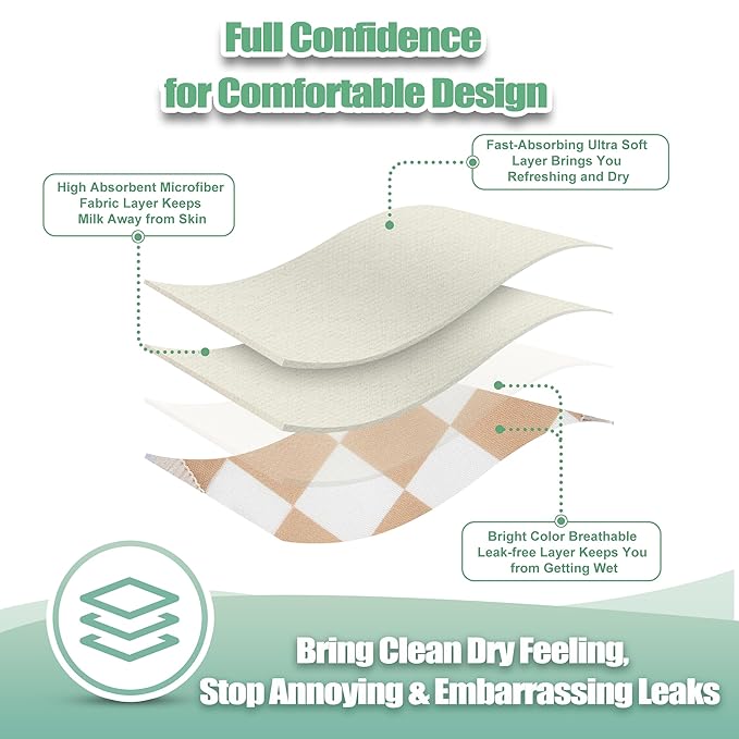 wegreeco Nursing Breast Pads (14 Pack) + Laundry Bag & Travel Storage Bag, 4.7 inch - Washable & Reusable Breastfeeding Nursing Pads (Light Coffee Checkerboard, Large, Contoured Shape)