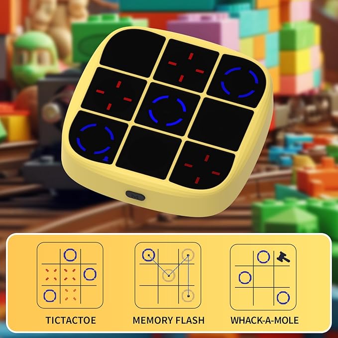 Tic-Tac-Toe Bolt Game, 4-in-1 Handheld Puzzle Game Console, Electronic Tic-Tac-Toe Toy, Educational and Memory Growth, Portable Travel Games for Car Ride, Board Games for Kids and Adults (Yellow)