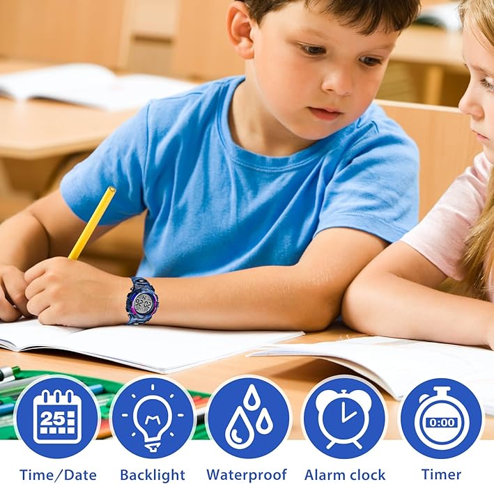 Kids Watch,Boys Watch for 3-15 Year Old Boys,Digital Sport Outdoor Multifunctional Chronograph LED 50 M Waterproof Alarm Calendar Analog Watch for Children with Silicone Band,Kids Gift