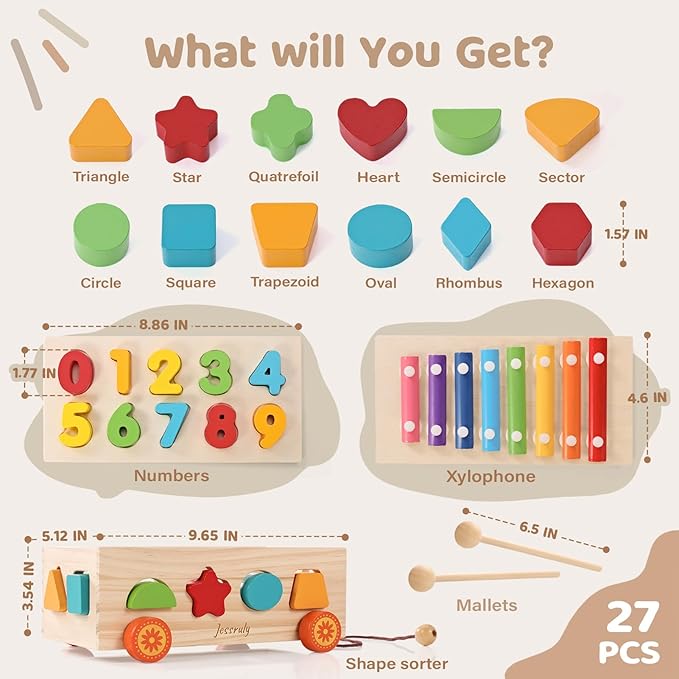 Shape Sorter - Wooden Xylophone and Montessori Number Puzzle Set for Babies - Educational Sorting Game with Storage Car for Toddlers