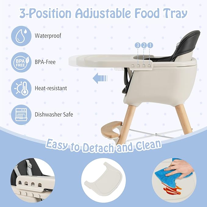 BABY JOY Baby High Chair, 3-in-1 Convertible Wooden Highchair for Babies & Toddlers, Infant Feeding Chair w/ 5-Point Safety Harness, Footrest, Adjustable Legs, Removable Tray & PU Cushion (Black)
