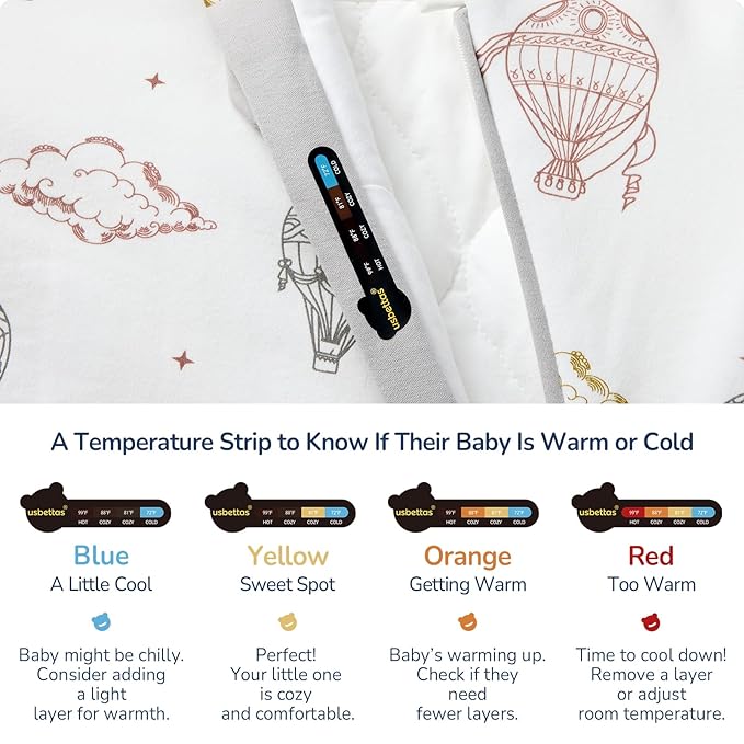 Baby Sleep Sack 18-24 Months, Cotton Detachable Long Sleeve Sleep Sack, 2.5 Tog Toddler Sleeping Sack with Temperature Strips, 2-Way Zipper Wearable Blankets for Newborns, Hot Air Balloon