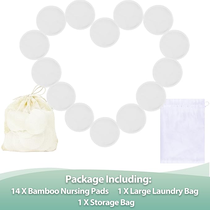 wegreeco Nursing Breast Pads (14 Pack) + Laundry Bag & Travel Storage Bag, 4.7 inch Option - Washable & Reusable Breastfeeding Nursing Pads (White, Plain Shape)