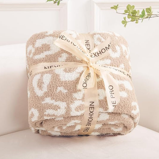 NEXHOME PRO Leopard Soft Blanket, Fuzzy Throw Blanket for Couch Bed Sofa Picnic, Knit Blankets for Women Gifts Beige 50 x 60 inches