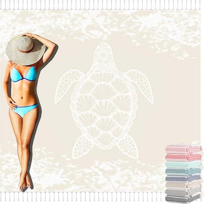 Oversized Turkish Beach Towel Blanket Cotton Giant XL Sandproof Towels Huge Linen XXL Extra Large Big Throw Quilt Blankets for Adults Beige Turtle