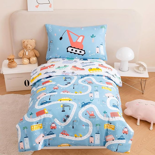 PERFEMET 4-Piece Toddler Bedding Set Boys Cars Toddler Comforter with Sheets Reversible Lightweight Blue Vehicles Toddler Bed Set for Crib(Blue, Cars)