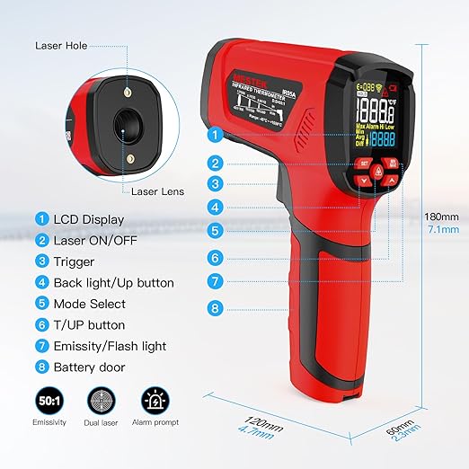 '-40℉~2912℉ MESTEK Infrared Thermometer Temperature Gun,50:1 Dual Laser High Temp Thermometer with Thermocouple Probe, Non-Contact Industrial Pyrometer for Engine, Kiln, Forging,Humidity Measurement