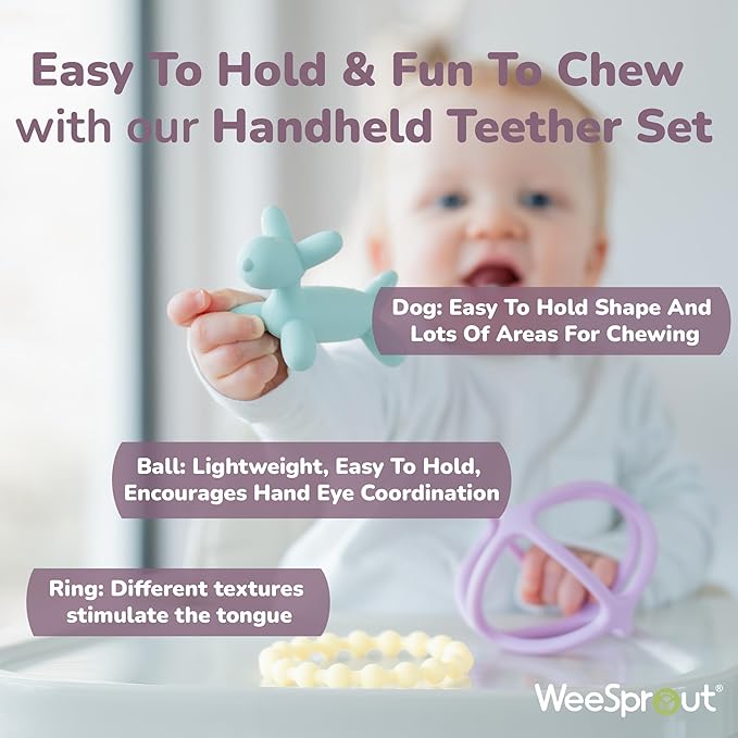 WeeSprout Silicone Baby Teether Toys for Infant Babies and Toddlers, Cute Ring, Puppy Dog, and Ball, Soft and Flexible, BPA Free, Boys and Girls (Pastel Mint, Purple & Yellow)