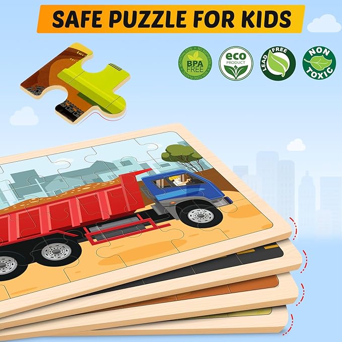 Wooden Puzzles for Kids Ages 4-6, 4 Packs 24 PCS Construction Vehicle Jigsaw Puzzles for Kids Ages 3-5, Preschool Educational Puzzles Boards Toys Gifts for Boys Girls