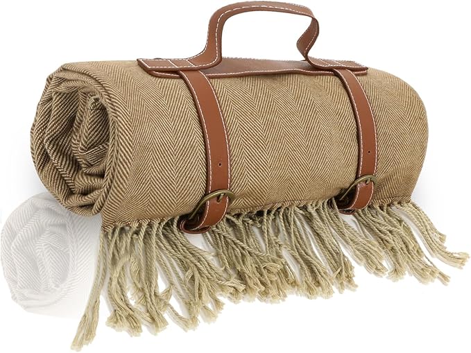 Picnic Blanket Extra Large Waterproof with Strap 59"x79" - Machine Washable Tassels Faux Wool Cashmere for Park, Grass, Camping, Hiking, Concerts (Coffee, 59"X79")