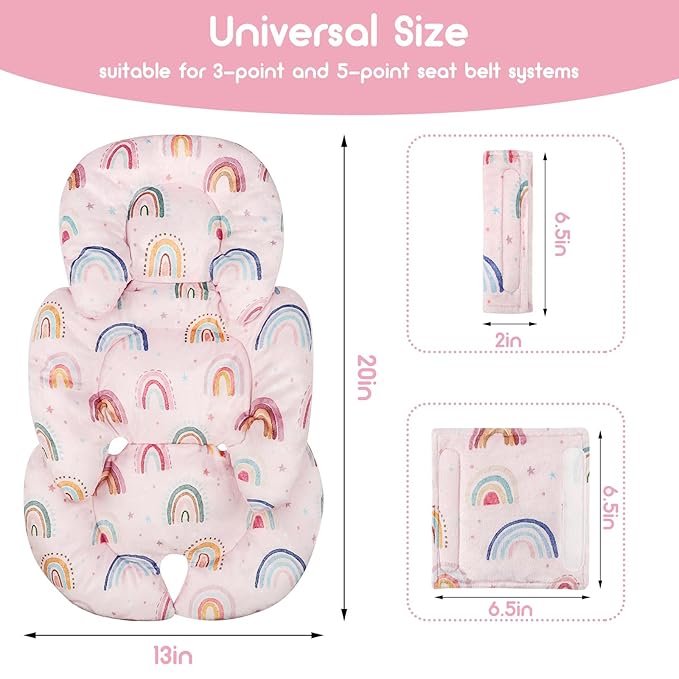 Infant Car Seat Insert, Car Seat Head Support Baby Girls Boys, Soft & Reversible Newborn Carseat Insert Cushion with 2 Strap Covers, for Stroller, Swing, Bouncer (Pink Rainbow)