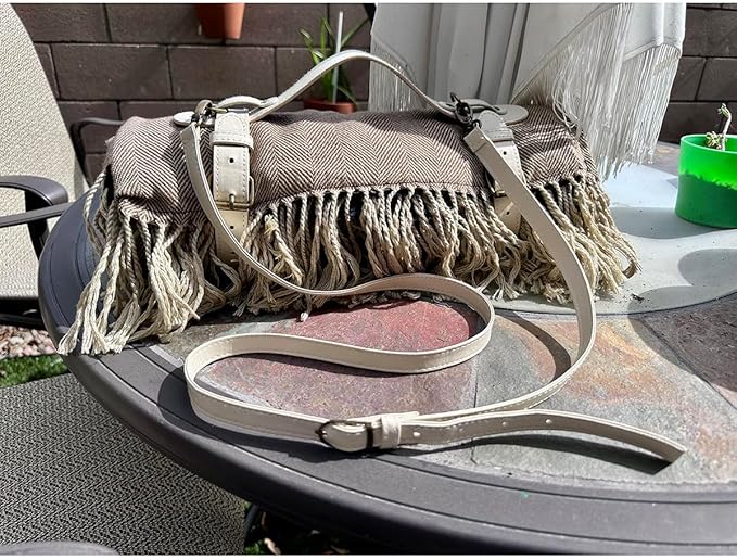 Picnic Blanket Extra Large Waterproof with Strap 59"x79" - Machine Washable Tassels Faux Wool Cashmere for Park, Grass, Camping, Hiking, Concerts (Deep Tan with white shoulder strap, 59"X79")