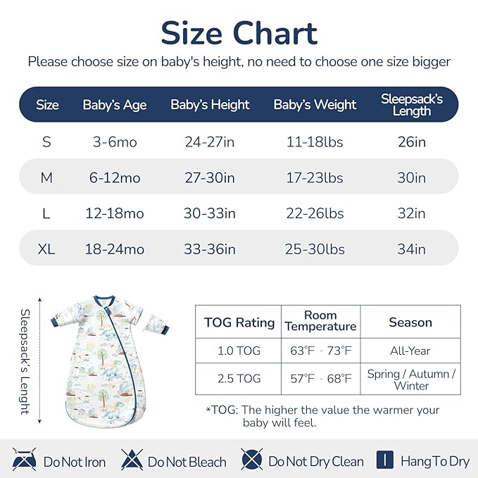Baby Sleep Sack 6-12 Months, Cotton Detachable Long Sleeve Sleep Sack, 1.0 Tog Toddler Sleeping Sack with Temperature Strips, 2-Way Zipper Wearable Blankets for Newborns, Dinosaur