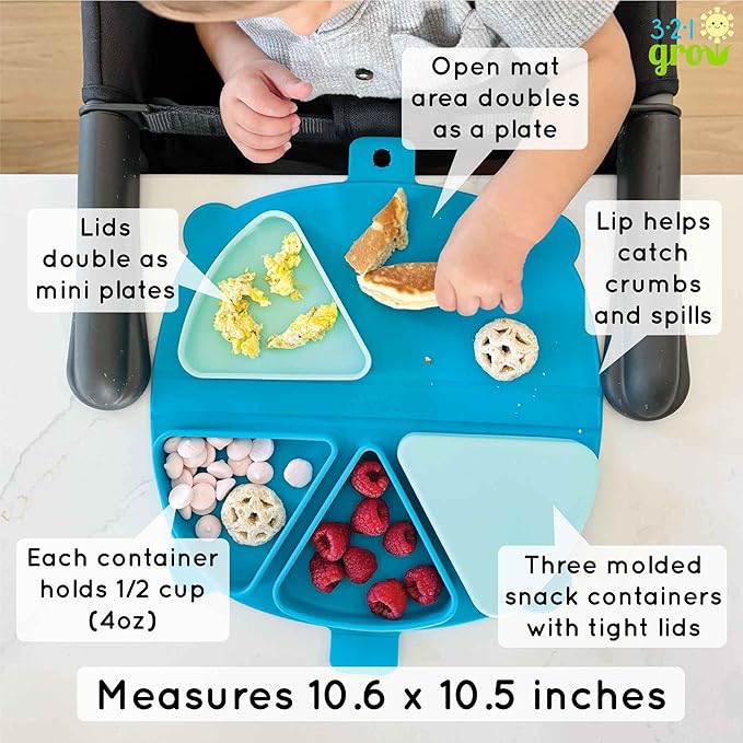 Silicone On-The-Go Snack Mat – Foldable Reusable Placemat with 3 Compartments and Lids – Travel-Friendly Baby and Toddler Snack Plate – Dishwasher Safe (Aqua)