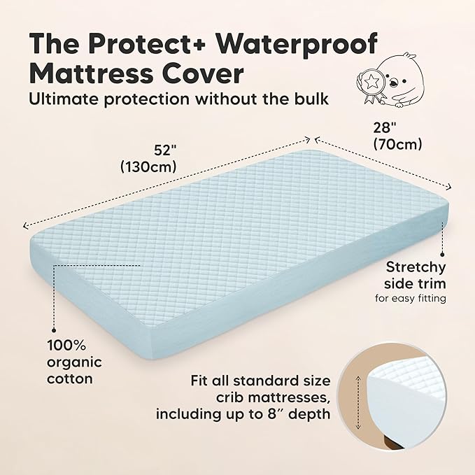 Waterproof Crib Mattress Protector Cover Fitted - 2-Pack Quiet Baby Crib Mattress Pad Sheets, 52" x 28" Soft Quilted Cotton Baby Sheet, Machine Washable, Easy Fit, Durable (Glacier/Quin)