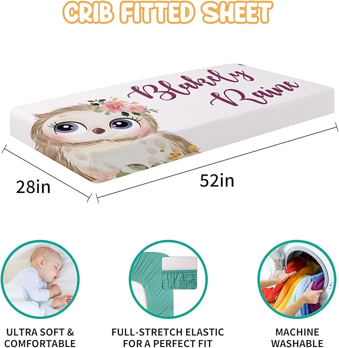 Custom Crib Bedding Set - Owl Design Personalized Name Baby Nursery Bed 3 Pcs Set - Chic Soft Blanket with Dotted Backing, Sheet, Pillowcase for Newborn Girls Boys Gifts Color21