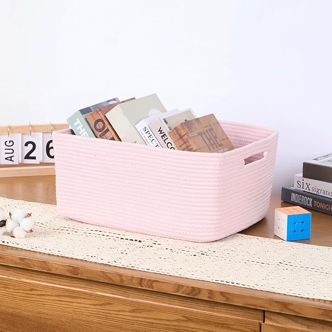 Large Storage Baskets for Organizing, Closet Shelf Baskets for Clothes Blanket Towels, Baby Nursery, Toy Bins Box, Woven Rope Baskets, 17 x 13 x 7.5”, 4 Packs Light Pink