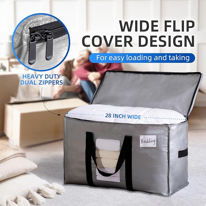 TAILI Extra Large Moving Bags, 6 Pack Silver Heavy Duty Totes For Storage with Visible Window, Wrap Around Handles, Storage Bags for Space Saving, Alternative to Moving Boxes