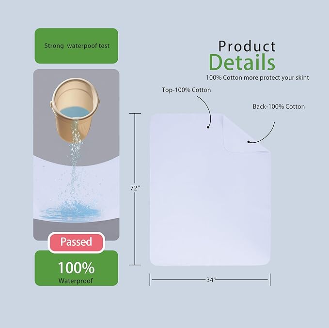 Washable Underpads, 34" x 72" (Pack of 2) Extra Heavy Absorbency ,100% Waterproof Mattress Protector,Flannel Cotton Underpads for Kids, Adults,Pets,Bed, Couch, Sofa, Floor,Home