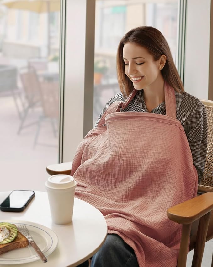 Blissful Diary Muslin Nursing Cover for Breastfeeding, Breathable Breastfeeding Cover up with Arch Neckline for Women, Nursing Apron (Dusty Pink)