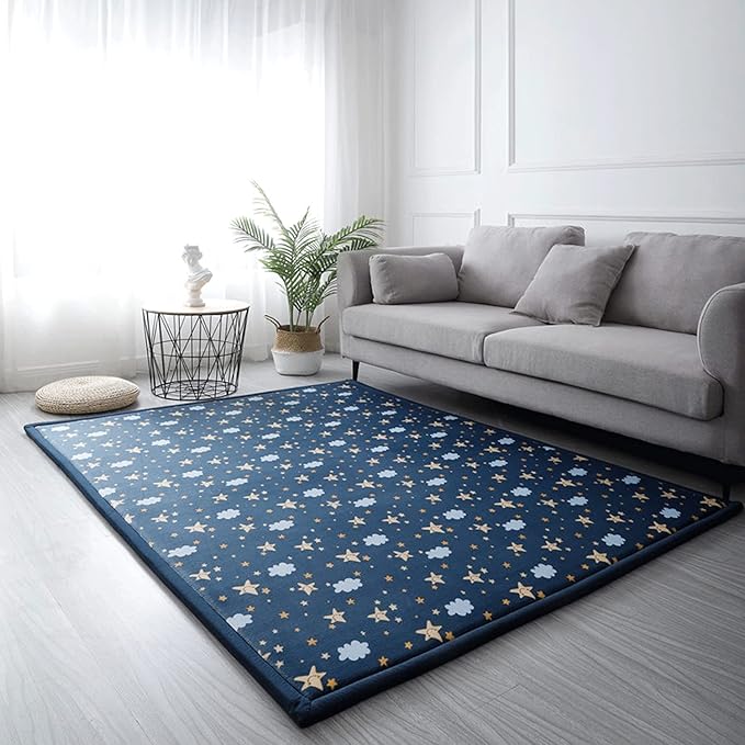 Loartee Coral Velvet Area Rug - 1" Thick Memory Foam Baby Play Mat, Washable Toddler Carpet, Home Decor for Living Room, Nursery, Kids Bedroom, Starry Blue, 6'7"x7'10"