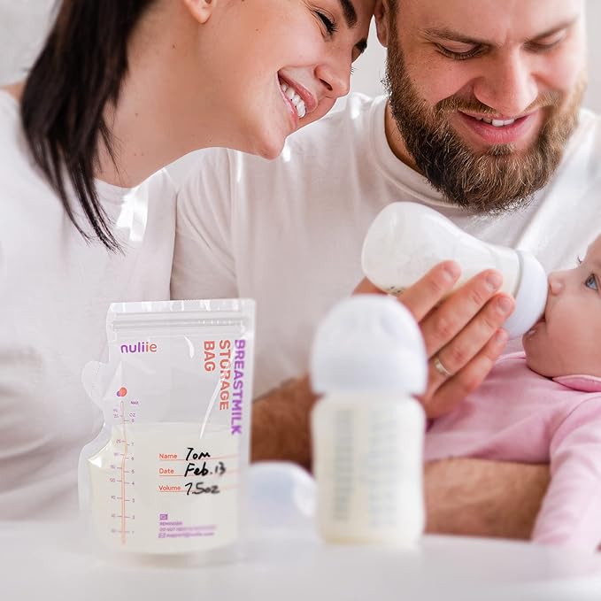 Nuliie 50 Pcs Breastmilk Storage Bags, 8 OZ Breast Milk Storing Bags, BPA-Free, Milk Storage Bags with Pour Spout for Breastfeeding, Self-Standing Bag, Space Saving Flat Profile