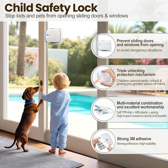 Sliding Door Lock 4 Pack, Child Safety Lock For Sliding Glass Doors, Easy To Install, Keeps Your Baby Out Of Danger, For Sliding Glass Doors, Sliding Windows, Sliding Closets, Etc (Blue)