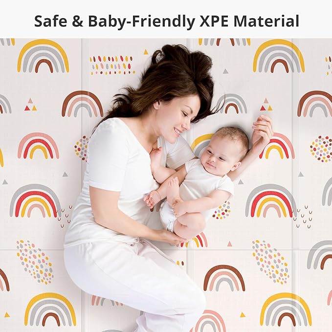 Foldable Baby Play Mat, PIGLOG 50x50 Playpen Mat, Safe Foam Playmat for Tummy Time, Waterproof Playmats for Babies and Toddlers Kids, Reversible Portable Baby Floor Mat for Infant, Rainbow Rain