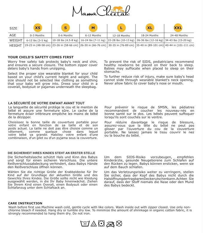 Mama Cheetah Baby Sleep Sack 0.5 TOG, Organic Cotton Baby Wearable Blanket with Two-Way Zipper, Swaddle Transition Baby Sleeping Bag for Newborn Infant Toddler Boy Girl, 0-6 Months