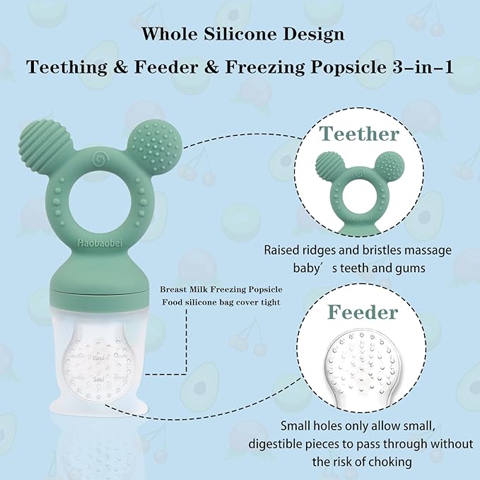 Baby Fruit Feeder, Frozen Teething Toys, Teether Pacifier with 3 Extra Teats, Infant Eating Essentials, BPA Free Baby Feeding Supplies (Grass Green)