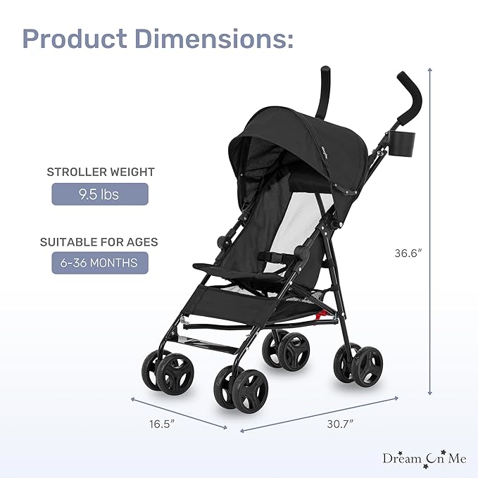Dream On Me Rover Convenience Baby Stroller in Black, Lightweight & Compact Umbrella Stroller, Easy one-Hand fold Travel Stroller, Lockable Rear Wheels, Removable & Adjustable Canopy