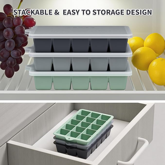 Silicone Ice Cube Tray 2 Pack, HANCELANT Ice Cube Mold, Ice Trays for Freezer with Lid for Whiskey, Baby Food, BPA Free, Easy Release