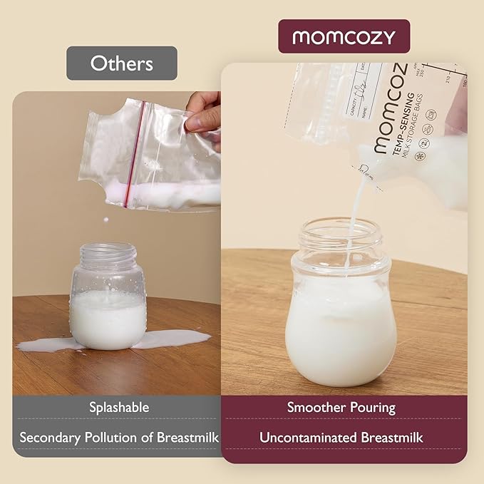 Momcozy Easy Pour Breastmilk Storage Bag, 8Oz, Temp-Sensing Color Change, 60 Count Milk Bag with Self Standing for Breastfeeding, No Leak Presterilized for Freezer, Recyclable & BPA Free