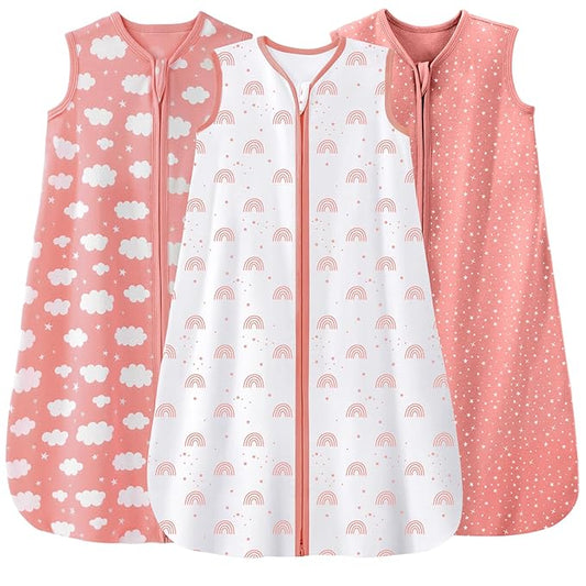 Baby Sleep Sack 0-6 Months 3 Pack 100% Cotton Lightweight 0.5 TOG Wearable Blanket Baby Sleep Bag with 2-Way Zipper for Newborn Infant Toddler Pink