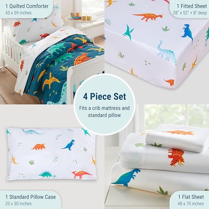 Wildkin Toddler Bed in a Bag – 4-Piece Microfiber Bedding Set with Comforter, Pillowcase & Sheets - Jurassic Dinosaurs