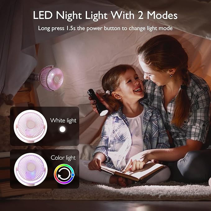 Momcozy Portable Stroller Fan, 8000mAh, 27H Ultra-long Battery Life, Detachable 4 Speed 360°Rotate, LED Night Light with 2 Modes, USB Rechargeable Handheld Cooling Fan for Travel, Car Seat, Bedroom