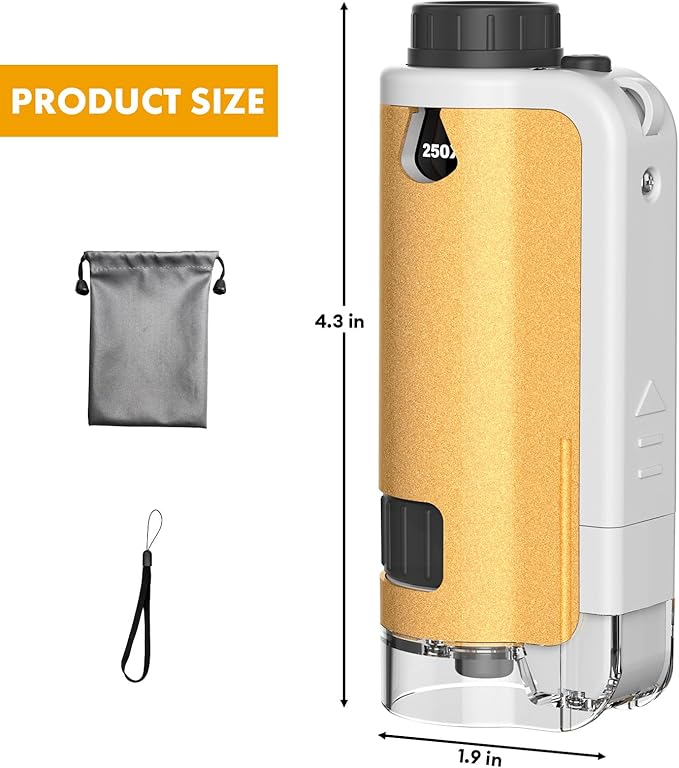 Portable Microscope for Kids, 100x-250x Zoom with LED Lights, Alloy Pocket Microscope for Boys & Girls, Educational Science Kit (Gold)