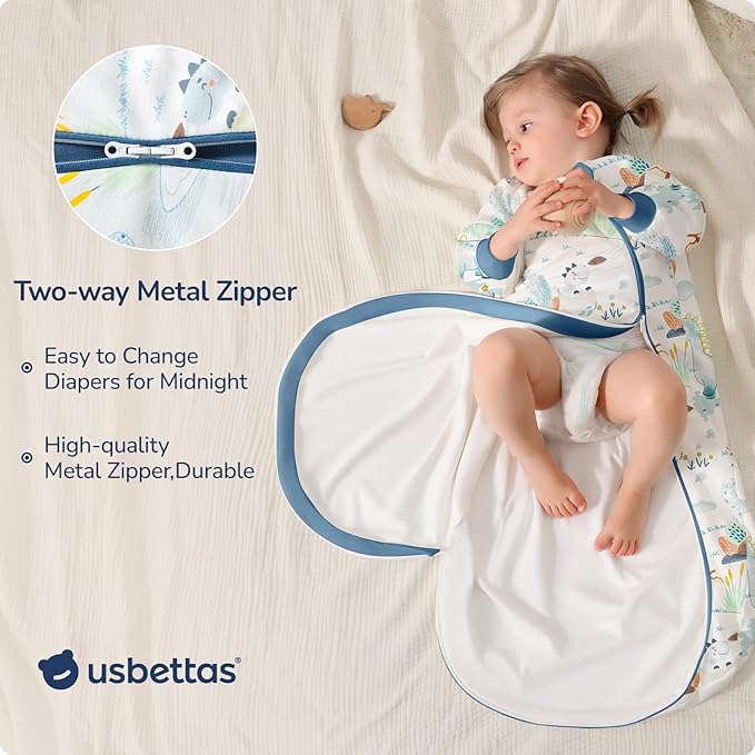Baby Sleep Sack 18-24 Months, Cotton Detachable Long Sleeve Sleep Sack, 1.0 Tog Toddler Sleeping Sack with Temperature Strips, 2-Way Zipper Wearable Blankets for Newborns, Dinosaur
