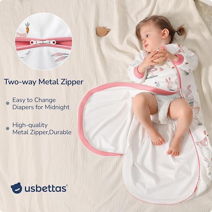 Baby Sleep Sack 6-12 Months, Cotton Detachable Long Sleeve Sleep Sack, 2.5 Tog Toddler Sleeping Sack with Temperature Strips, 2-Way Zipper Wearable Blankets for Newborns, Bunny