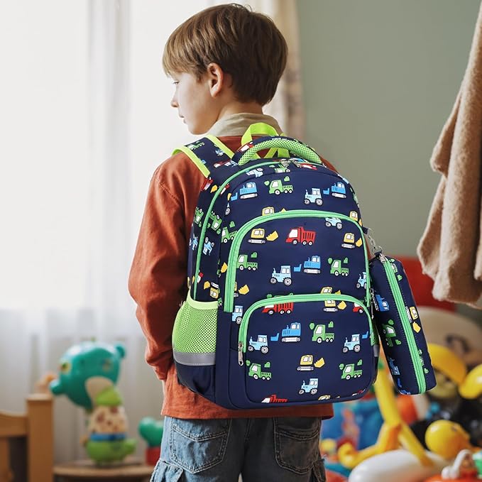 mygreen 3PCS Kids Backpack Set - Waterproof Bookbag with Lunch Box for Boys Ages 3-12, Adorable Cartoon Prints for School & Outdoor Use Blue Green Truck