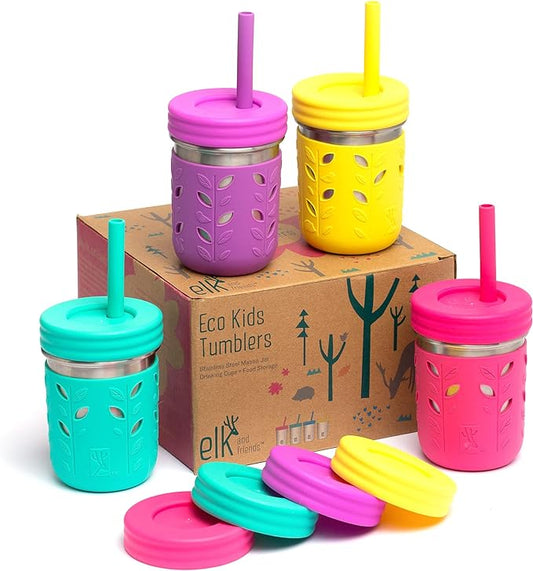 Elk and Friends 10oz Stainless Steel Kids + Toddler Drinking Cups | The Original Mason Jars with Lids + Sleeves + Straws | Smoothie Cups | Spill Resistant | Dishwasher Safe | 4 Pack