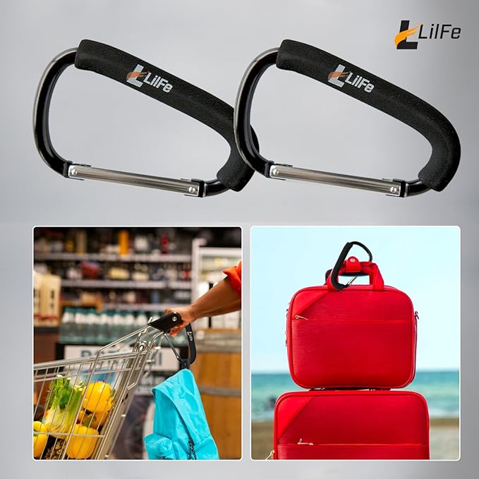 LilFe Stroller Hooks, 6.7" Large Stroller Clip, 2 Pack Large Carabiner Stroller Hooks for Hanging Bags and Shopping, Stroller Accessories for Mommy